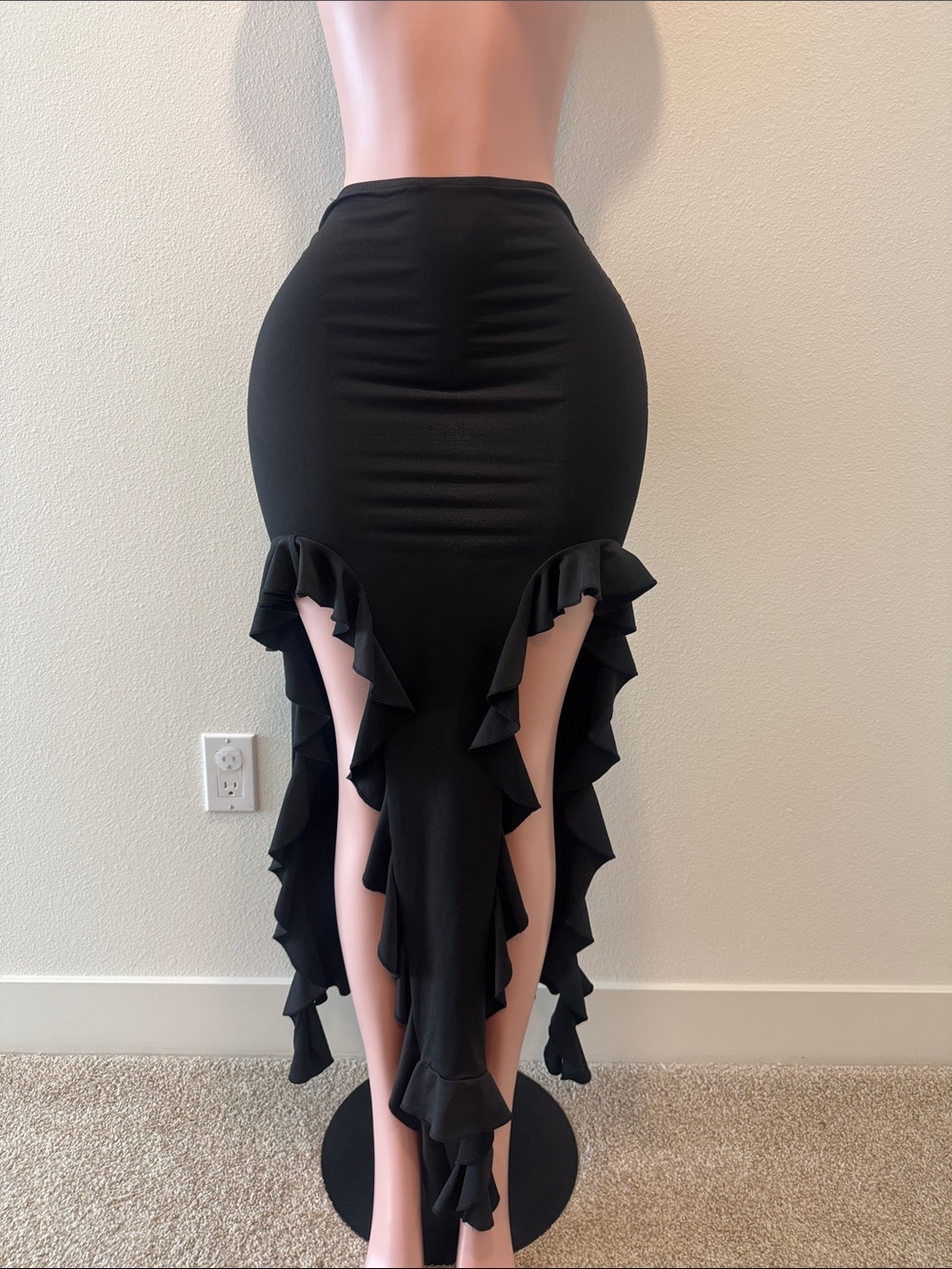 Black Ruffle High-Low Pencil Skirt